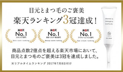 目元とまつ毛のご褒美　楽天ランキング3冠達成！　商品点数2億点を超える楽天市場において、目元とまつ毛のご褒美は3冠を達成しました。